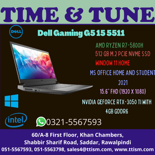 Dell Gaming G5 15 5515 - |AMD RYZEN R7-5800H | 16GB (8GB x 2) | 512 GB M.2 PCIe NVMe SSD | NO OPTICAL |WIFI/BT |WINDOW 11 HOME SINGLE LANGUAGE ENGLISH | MS OFFICE HOME AND STUDENT 2021 | NVIDIA GeFORCE RTX-3050 Ti with 4GB GDDR6 | 15.6" FHD (1920 x 1080) 250-nits Display | PHANTOM GREY WITH SPECKLES | BACKLIT KEYBOARD -ORANGE | DELL GAMING BACKPACK 17 GM1720PM | McAfee(R) MULTI DEVICE SECURITY 15 M | 2 YEAR CARRY IN