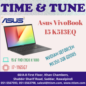 Asus VivoBook 15 K513EQ - | i7-1165G7 | 8GB (4GB DDR4 on board + 4GB DDR4 SO-DIMM) | 512GB M.2 NVMe™ PCIe® 3.0 SSD | NO OPTICAL | WIFI/BT |WINDOW 10 HOME |NVIDIA® GeForce® MX350 2GB GDDR5 | 15.6" FHD (1920 x 1080), Non Touch screen, LED Backlit, IPS-level Panel, 300 nits | Finger Print Reader | Indie Black | 3-cell Li-ion, 42WHrs Battery | Backlit Chiclet Keyboard with Num-key | 24 Months Warranty | No Bundled Bag