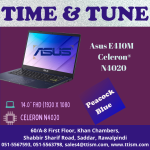 Asus E410M - | Celeron® N4020 | 4GB DDR4 on board | 256GB M.2 NVMe™ PCIe® 3.0 SSD | WIFI/BT |WINDOW 10 HOME | Intel® UHD Graphics 600 | 14.0" FHD (1920 x 1080), Non Touch screen, LED Backlit, 200 nits | NO Finger Print Reader | Peacock Blue | 3-cell Li-ion, 42WHrs Battery | Chiclet Keyboard | 24 Months Warranty | No Bundled Bag