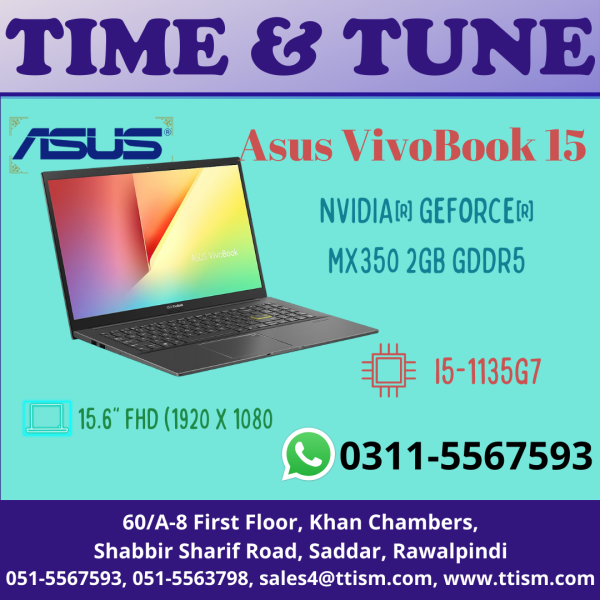 Asus VivoBook 15 - | i5-1135G7 | 4GB DDR4 on board + 4GB DDR4 SO-DIMM | 512GB M.2 NVMe™ PCIe® 3.0 SSD | NO OPTICAL | WIFI/BT |WINDOW 10 HOME | NVIDIA® GeForce® MX330 2GB GDDR5 | 15.6" FHD (1920 x 1080), Non Touch screen, LED Backlit, 300 nits | Finger Print Reader | Indie Black | 3-cell Li-ion, 42WHrs Battery | Backlit Chiclet Keyboard with Num-key (No Num Pad) | 24 Months Warranty | No Bundled Bag