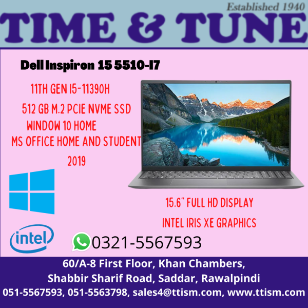 INSPIRON 15 5510 |11th GEN I7-11390H | 8GB (4GBx2) | 512 GB M.2 PCIE NVME SSD HDD | WINDOW 10 HOME SINGLE LANGUAGE ENGLISH | MS OFFICE HOME AND STUDENT 2019 | NO OPTICAL | WIFI/BT | INTEL IRIS Xe GRAPHICS | 15.6" FHD (1920 X 1080) ANTI GLARE NON TOUCH WVA DISPLAY | POWER BUTTON WITH FPR | PLATINUM SILVER | ESSENTIAL BACK PACK 15 ES1520P | BACKLIT KEYBOARD | MCAFEE MULTI DEVICE SECURITY 15M SUBSCRIPTION | 2 YR CARRY IN