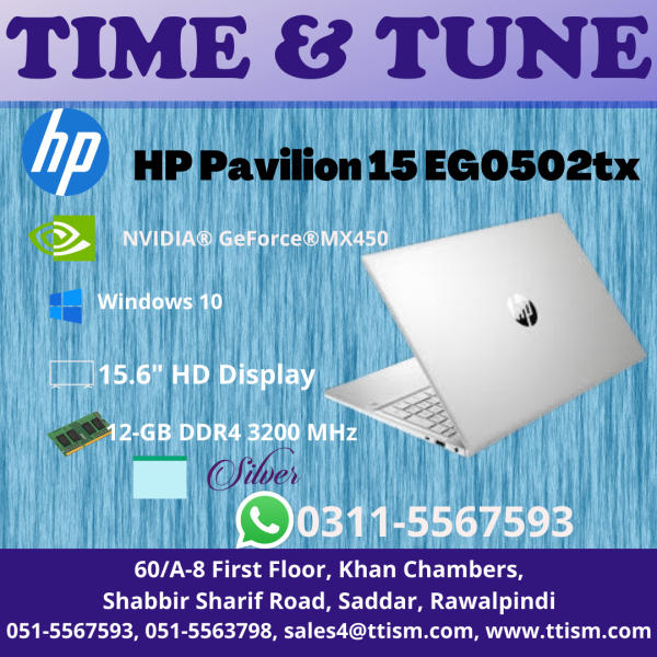 HP Pavilion 15-eg0502TX | Strelka 20C2 | Intel Core i7 1165G7 Quad Core (up to 4.7 GHz with Intel® Turbo Boost Technology, 12 MB L3 cache) | 12GB DDR4 2DM 3200 | 512 GB PCIe® NVMe™ M.2 SSD | NVIDIA® GeForce®MX450, 2GB Dedicated Graphics | 15.6" Diagonal Full HD (1920 x 1080) Micro-Edge, Anti-Glare, 250 nits Ultra Slim | 1 Micro SD Media Card Reader | HP Wide Vision 720p HD Camera With Integrated Dual Array Digital Microphones | Realtek RTL8822CE 802.11a/b/g/n/ac(2x2) Wi-Fi®andBluetooth® 5 combo | Audio by B&O | Dual speakers | HP Audio Boost | Full-size, Keyboard With Numeric Keypad With HP Imagepad With Multi-Touch Gesture Support | 65W Smart AC Power Adapter | Supports Battery Fast Charge: Approximately 50% in 45 minutes* | 3-Cell - 41 Working Hours Li-ion Polymer | Microsoft Windows 10 Home 64 – Free Upgrade to Windows 11 | McAfee LiveSafe™ 30-day Trial Offer | Natural Silver Aluminum Color | 1 Year