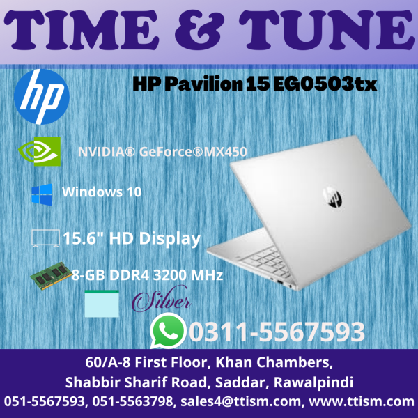 HP Pavilion 15-eg0503TX | Strelka 20C2 | Intel® Core™ i5 1135G7 Quad Core Processor (up to 4.2 GHz with Intel® Turbo Boost Technology, 8 MB L3 Cache) | 8GB DDR4 1DM 3200 | 512GB PCIe®NVMe™M.2 SSD | NVIDIA® GeForce®MX450, 2GB Dedicated Graphics | 15.6" Diagonal Full HD (1920 x 1080) Micro-Edge, Anti-Glare, 250 nits Ultra Slim | 1 Micro SD Media Card Reader | HP Wide Vision 720p HD Camera With Integrated Dual Array Digital Microphones | Realtek RTL8822CE 802.11a/b/g/n/ac(2x2) Wi-Fi®andBluetooth® 5 combo | Audio by B&O | Dual speakers | HP Audio Boost | Full-size, Keyboard With Numeric Keypad With HP Imagepad With Multi-Touch Gesture Support | 65W Smart AC Power Adapter | Supports Battery Fast Charge: Approximately 50% in 45 minutes* | 3-Cell - 41 Working Hours Li-ion Polymer | Microsoft Windows 10 Home 64 – Free Upgrade to Windows 11 | McAfee LiveSafe™ 30-day Trial Offer | Natural Silver Aluminum Color | 1 Year