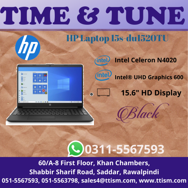 HP Laptop 15s-du1520TU | Intel® Celeron® N4020 Dual Core Processor (1.1 GHz Base Frequency, up to 2.8 GHz Burst Frequency, 4 MB L2 Cache) | 4 GB DDR4-2400 MHz | 1TB SATA Hard Drive | NO ODD | Intel® UHD Graphics | 15.6" diagonal, HD (1366 x 768), Micro-Edge, BrightView, 220 nits | HP True Vision 720p HD Camera With Integrated Dual Array Digital Microphones | Dual Speakers | 1 Multi-Format SD Media Card Reader | Integrated 10/100/1000 GbE LAN | Realtek RTL8821CE 802.11a/b/g/n /ac (1x1) Wi-Fi® and Bluetooth® 4.2 Combo | 3 Cell Battery, 41 Working Hour* | 45Watt Smart AC Power Adapter | Supports Battery Fast Charge: Approximately 50% in 45 minutes* | Full-Size, Jet Black Keyboard with Numeric Keypad | Touchpad With Multi-Touch Gesture Support | Microsoft Windows 10 Home 64 – Free Upgrade to Windows 11 | McAfee LiveSafe™ 30-day Trial Offer | 1.78Kg Weight* | Mesh Knit Pattern with Texture Finish | 1 Year HP Official & Local Warranty