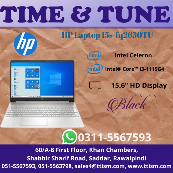 HP Laptop 15s-fq2650TU | Langkawi 20C2 | Intel®Core™i3 1115G4 Dual Core Processor (up to 4.1 GHz with Intel® Turbo Boost Technology, 6 MB L3 Cache) | 4GB DDR4 1DM 3200 | 256 GBPCIe®NVMe™M.2 SSD | Intel UHD Graphics - UMA | 15.6" HD Brightview SVA 250 nits Narrow border Ultra Slim | HP True Vision 720p HD Camera With Integrated Dual Array Digital Microphones | Dual Speakers | 1 Multi-Format SD Media Card Reader | Realtek RTL8821CE-M802.11a/b/g/n/ac(1x1) Wi-Fi® and Bluetooth® 4.2 Combo | 3 Cell Battery, 41 Working Hour* | 45Watt Smart AC Power Adapter | Supports Battery Fast Charge: Approximately 50% in 45 minutes* | Full-Size, Natural Silver Keyboard With Numeric Keypad | Touchpad With Multi-Touch Gesture Support | Microsoft Windows Home 11 SL APACPPP | 1.75Kg Weight | Natural Silver Color